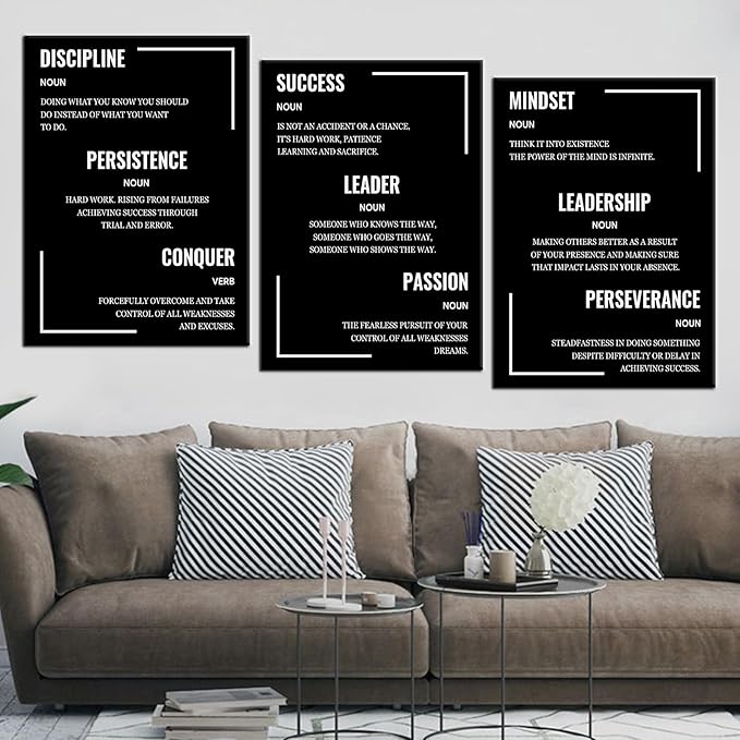 3 Panel Inspirational Canvas Perseverance Discipline Wall Art Motivational Poster Painting Quote Modern Inspiring Office Decor Artwork for Home Living Room Gym School Ready to Hang [60''Wx 28''H]