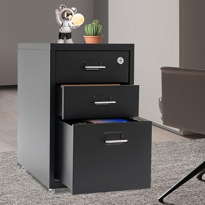 Vertical File Cabinets | 3 Drawer File Cabinet with Wheels| Steel Lockable Storage Cabinets | Metal S-torage Cabinet for Home Office | Storage A4/F4/Letter/Legal (Black-3 Drawers)
