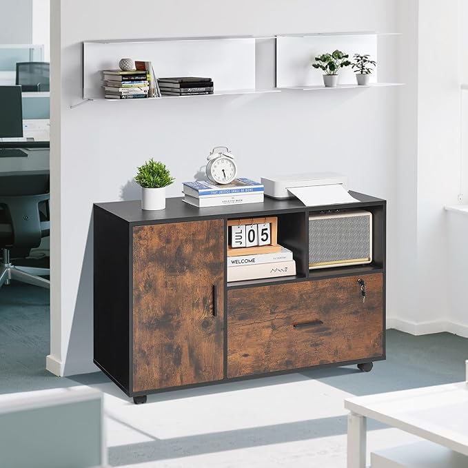 VEVOR Wood File Cabinet, Mobile Filing Cabinet with Open Shelves, Lockable Lateral Rolling File Storage with Adjustable Shelves, Free Standing Printer Stand for Home, Office, School, Rustic Brown