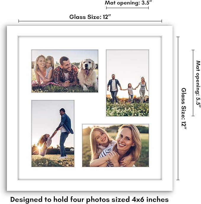 Americanflat 4x6 Collage Picture Frame with Shatter-Resistant Glass - Fits Four 4x6 Photos or Use as One 12x12 Picture Frame - Signature Collection - Collage Frames for Wall Display - White
