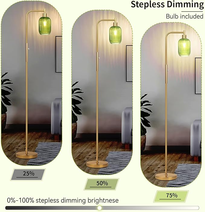 Glass Floor Lamp for Living Room, Dimmer Standing Lamp with Green Ribbed Lampshade,66” Tall Lamp & Gold Floor Lamp for Bedroom Study Room,Brushed Gold (Green)