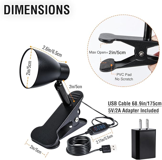 CRI90+ Clip Reading Light, Small Clamp on Bed Lamp for Bedside/Headboard/Desk/Bunk/Table/Shelf, 3 Color Temperature Options, 10 Dimmable Brightness Levels for Reading (6W/Adapter Included)