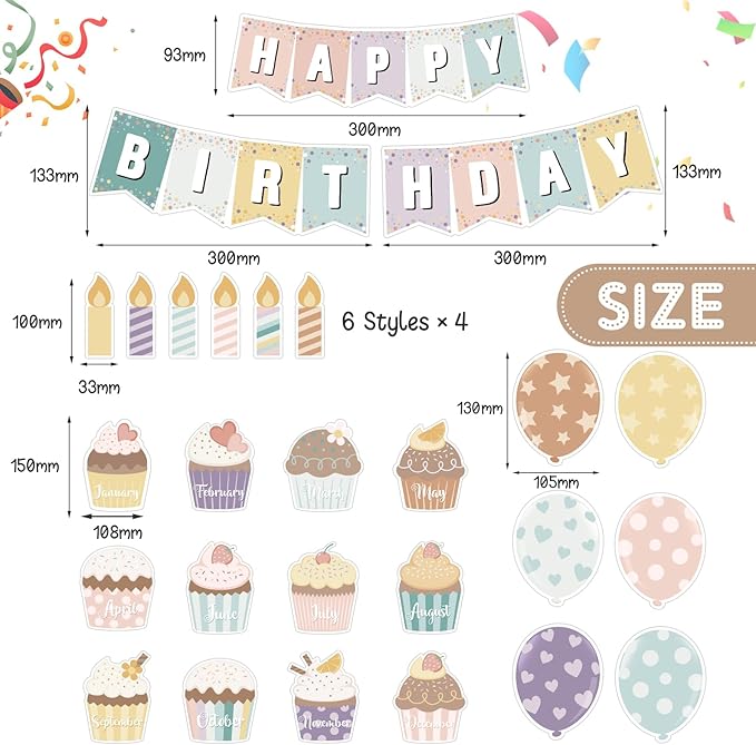 Leinuosen 45 Pieces Happy Birthday Bulletin Board Set Birthday Bulletin Board Decorations Classroom Chart Calendar Balloon Candle Cupcake Cutouts for Calendar Classrooms (Boho)