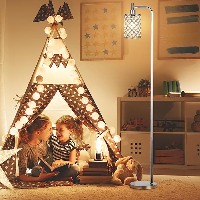 Crystal Floor Lamp - Industrial Modern Standing Lamps with LED Bulb for Living Room Bedroom Office - Silver