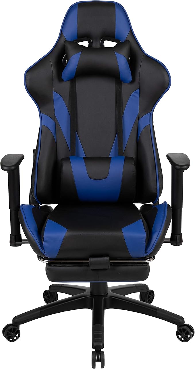 Flash Furniture X30 Gaming Chair Racing Office Ergonomic Computer Chair with Fully Reclining Back and Slide-Out Footrest in Blue LeatherSoft