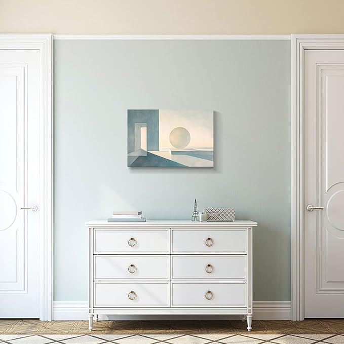 gaosoul Modern Canvas Wall Art Blue White Tranquility Geometric Abstract Oil Painting Minimalism Artwork Prints for Living Room Bedroom Office Decor Framed 24x16in