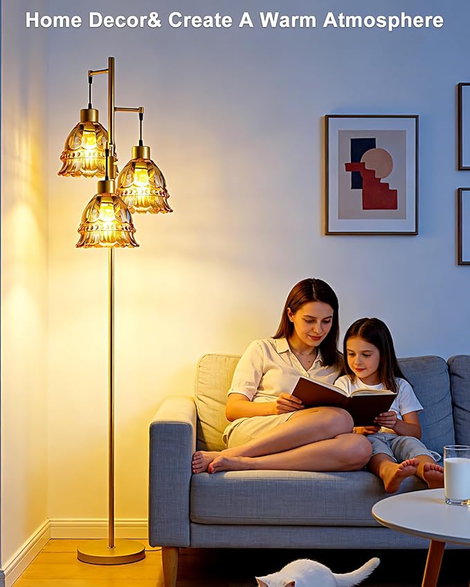 Lightdot 3-Lights Glass Floor Lamp Dimmable Gold Floor Lamps with Brown Glass Shade 3000K Bulbs Included Unique Modern Standing Tall Lamp for Living Room/Bedroom/Sofa Beside/Corner Decor