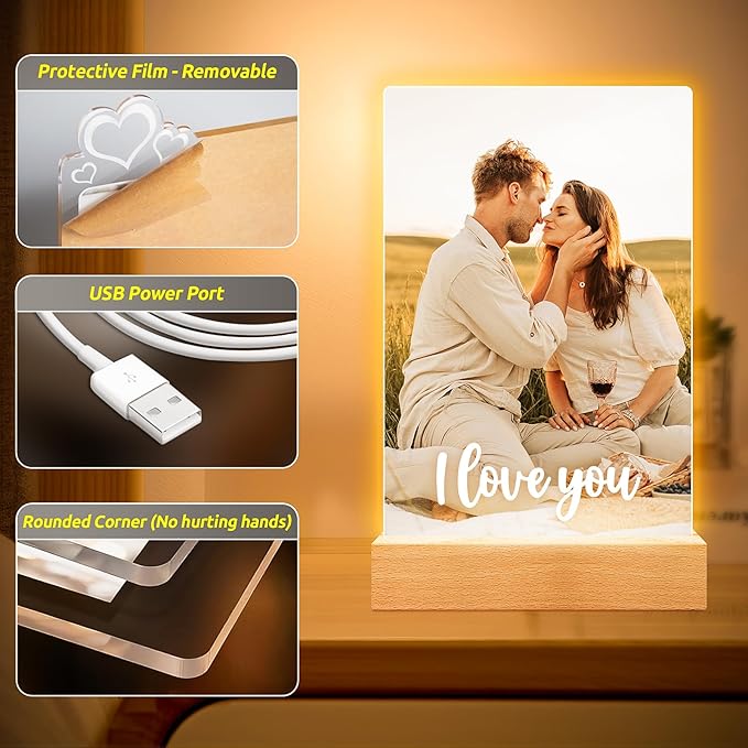 Personalized Picture Frame, Custom Photo Frame with Night Light, Custom Picture Frames, Personalized Anniversary Birthday Gifts for Women Men Her Him Girlfriend Boyfriend Couple