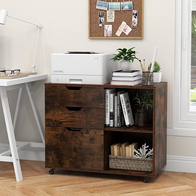 3 Drawer File Cabinet, Wood Lateral Filing Cabinet for Hanging Letter, A4, Legal Size, Rolling Printer Stand with Adjustable Shelf, Under Desk Storage for Home Office (Brown)