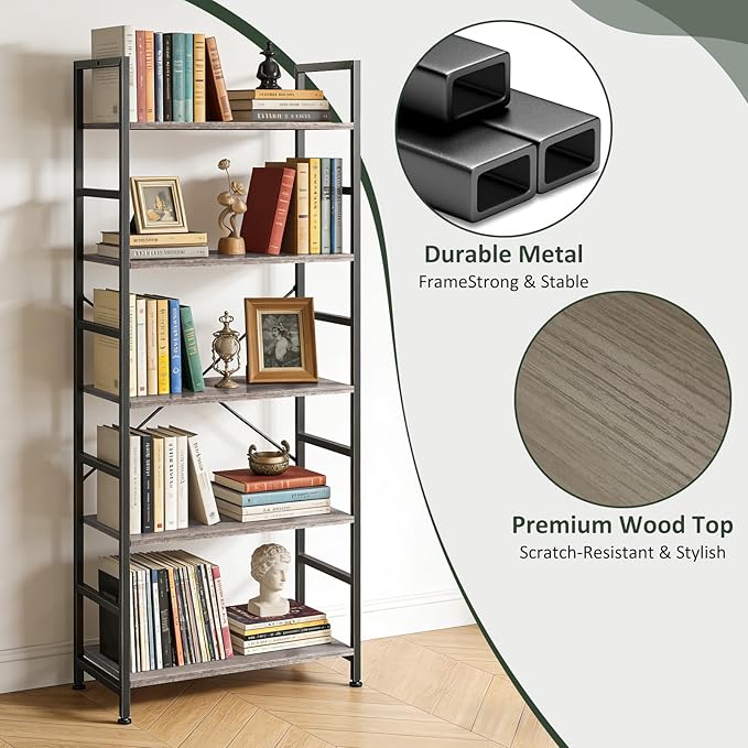 5 Tier Bookshelf, Free Standing Wooden Bookcase with Open Storage Shelves with Metal Frame, Sturdy Shelf Organization Display Rack for Living Room, Bedroom, Home Office, 62.2" Tall, Grey