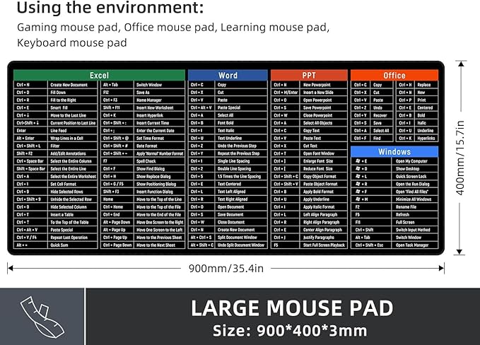 Large Mouse Pad Desk Mat with Excel Shortcuts Cheat Sheet, Anti-Slip Keyboard Pad with Multifunctional, Gaming Mousepad, Office Desk Accessories for Computer, MacBook, PC and Laptop