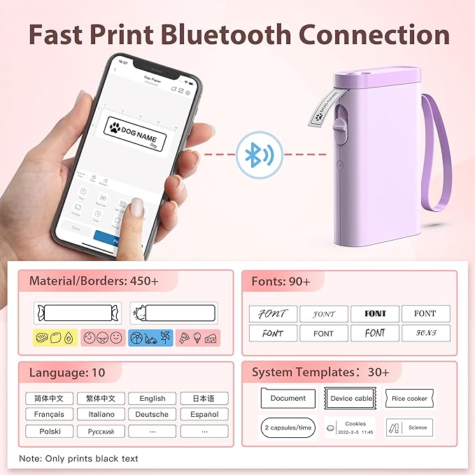 P21 Label Maker Machine with Tape, Bluetooth Label Printer Thermal Mini Label Makers with Built-in Cutter and Multiple Templates, Portable Printers for School, Office, Home Use-Purple