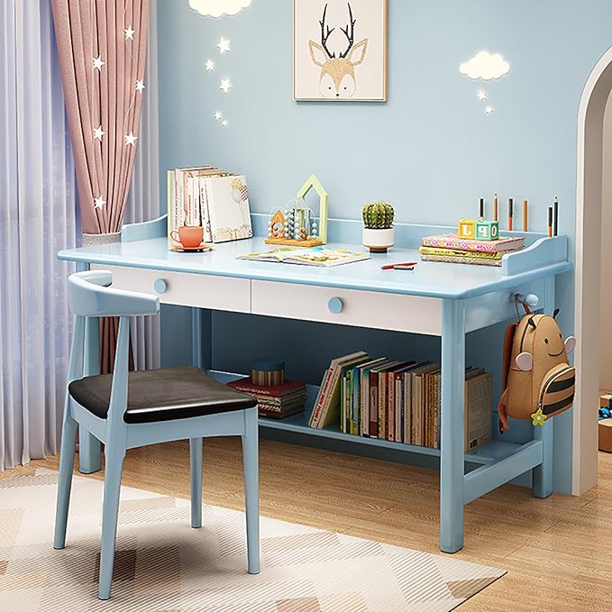 Solid Wood Writing Desk with Drawer,Mid Century Home Office Desk with Hooks,Work Study Pc Table Workstation Computer Desk with Storage Shelves for Small Spaces (100x60x75cm(39x24x30inch), Blue)