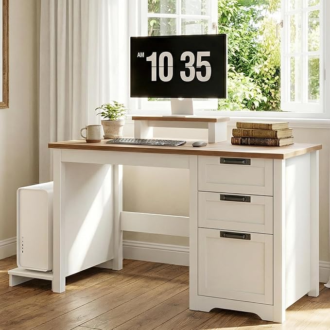 Farmhouse 47.2” Computer Desk with Adjustable File Drawer, 3 Drawers Reversible Executive Desk with PC Case Stand & Movable Monitor Stand , Workstation for Home Office, Study, Writing,(Unique White)