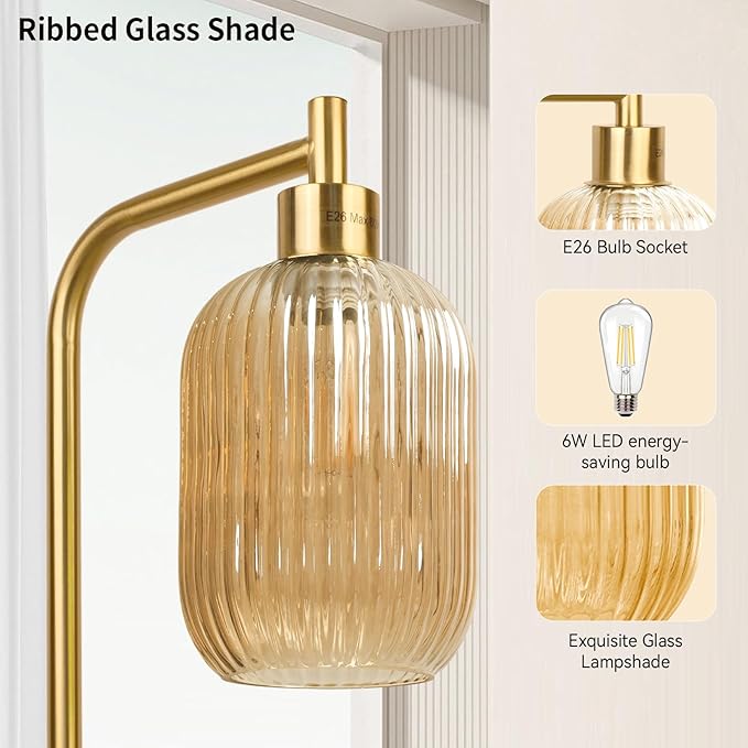 Glass Floor Lamp for Living Room, Dimmer Standing Lamp with Green Ribbed Lampshade,66” Tall Lamp & Gold Floor Lamp for Bedroom Study Room,Brushed Gold (Amber)