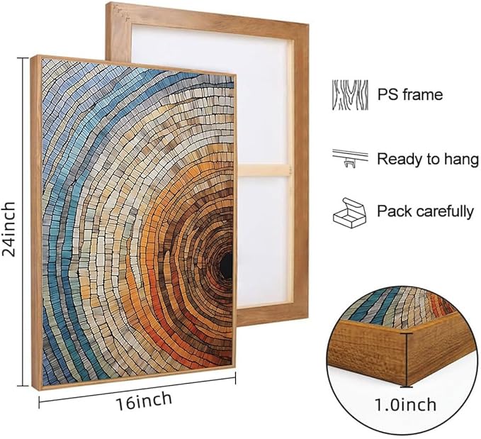 IBHJSART Framed Tree Ring Canvas Wall Art Vintage Colorful Wood Stump Painting Prints Modern Minimalist Pictures Neutral Nature Rustic Farmhouse Decor Living Room Bedroom Bathroom Office
