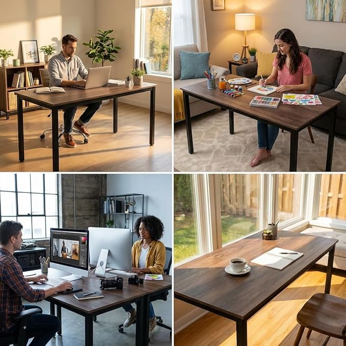55 inch Large Computer Desk Wood, Modern Simple Style Desk for Home Office, Bedroom, Study Student Writing Desk, Small Spaces, Black Metal Frame, Walnut Top
