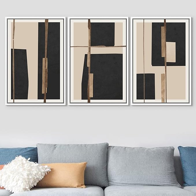SIGNFORD Framed Canvas Print Wall Art Set Mid-Century Black Polygon Squares Abstract Shapes Illustrations Modern Art Bohemian Nordic Relax/Calm for Living Room, Bedroom, Office - 24"x36"x3 White