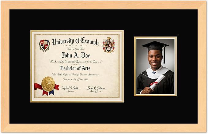 CountryArtHouse Fits 11 x 8.5 US Letter Certificate and 5 x 7 Photo Diploma and Photo Frame Natural Wood Genuine Hardwood with Black Over Metallic Gold Double mat