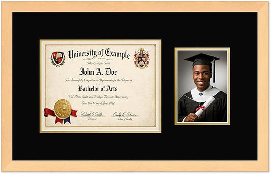 CountryArtHouse Fits 11 x 8.5 US Letter Certificate and 5 x 7 Photo Diploma and Photo Frame Natural Wood Genuine Hardwood with Black Over Metallic Gold Double mat