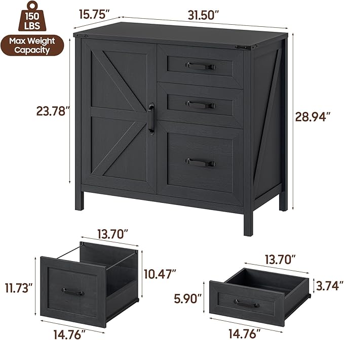 Farmhouse Lateral Filing Cabinet, Lateral File Cabinet with 3 Drawers and Storage Cabinet, Wooden Printer Stand with File Drawer for Letter/A4 Size Hanging File for Home Office, Rustic Black