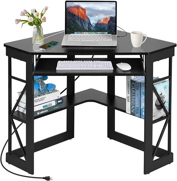 VECELO Corner Computer Desk 41x30 inches with Charging Station & Keyboard & Storage Shelves for Small Space,Triangle Table for Home Office Bedroom,Black