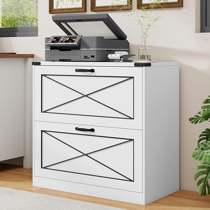 Vabches Lateral File Cabinet with 2 Drawers, Farmhouse Filing Cabinet Office File Cabinet with File Drawers, Wood Rustic Storage Cabinet File Organizer for Home Office, Living Room, White