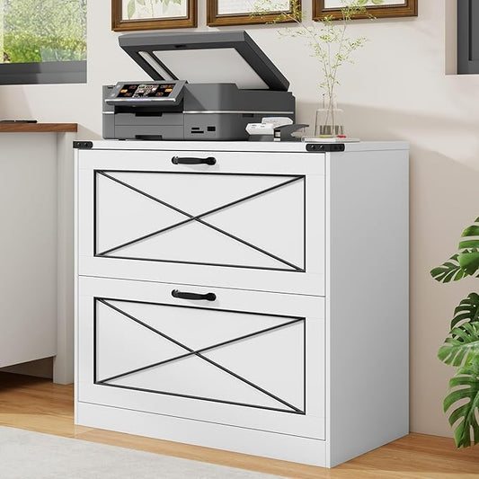 Vabches Lateral File Cabinet with 2 Drawers, Farmhouse Filing Cabinet Office File Cabinet with File Drawers, Wood Rustic Storage Cabinet File Organizer for Home Office, Living Room, White