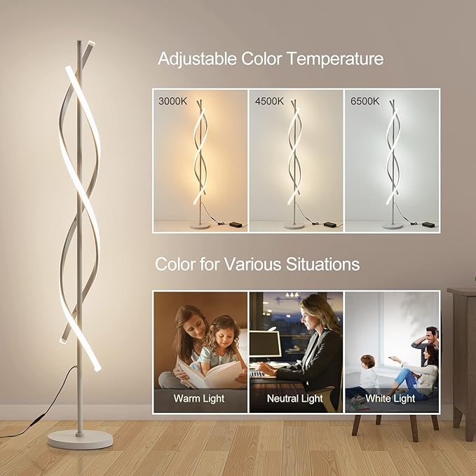LED Floor Lamps for Living Room,Spiral Modern Floor Lamps with Remote Control 60 Inch Dimmable White Floor Lamp 48W Standing Lamp with Timer 3 Color Temperature Corner Floor Lamp for Bedroom