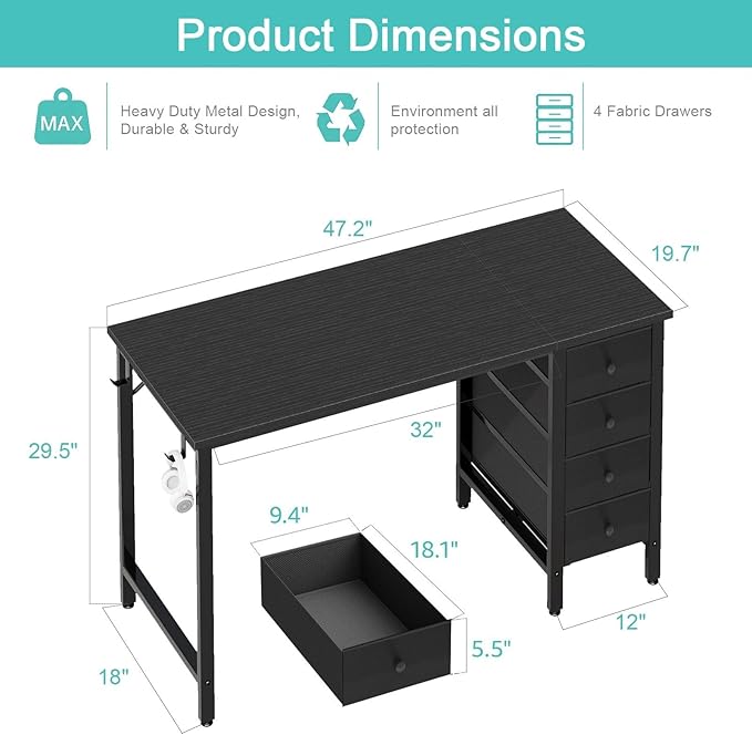 Lufeiya Small Gaming Desk with 4 Fabric Drawers, 47 Inch Kids Girls Teen Cute Study Desk for Bedroom, Reversible Work Computer Writing Table Desks for Small Space Home Office, Black