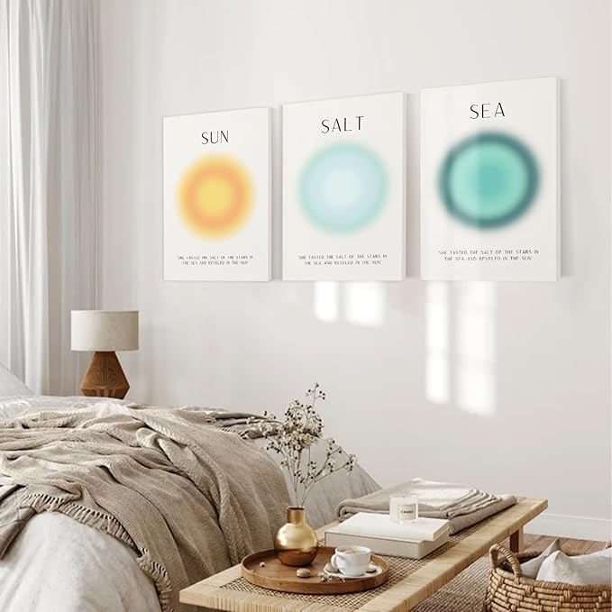 Framed Set of 3 Aura Beach Wall Art Sun Salt Sea Aura Aesthetic Wall Decor Living Room,Trendy Abstract Coastal Wall Art Decor,Minimalist Beachy Art Pritns Modern Wall Decor Bedroom Bathroom Decoration,12x16inch