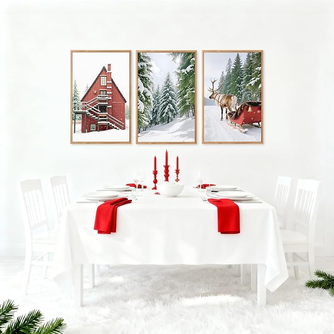 CHDITB Christmas Framed Canvas Wall Art(16"x24"), 3 Panels Farmhouse Winter Snow Forest Landscape Artwork Prints, Large Rustic Reindeer Sleigh Cabin Cottage Decor for Home Office Bedroom