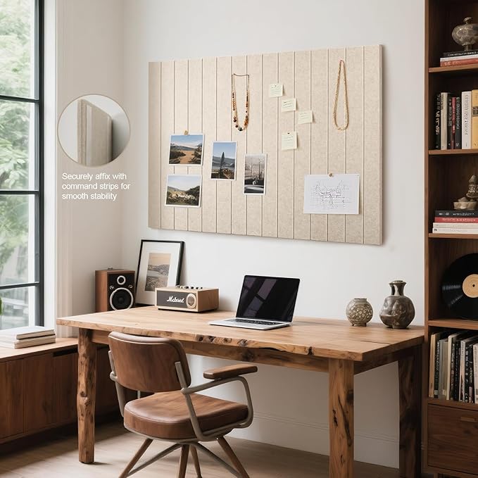 Bulletin Board, 48 x 36 inches Felt Board Decorative Pin Board, 4' x 3' Cork Board Alternative for Wall, Foldable Photo Board with 20 Pushpins - Oatmeal Stripes