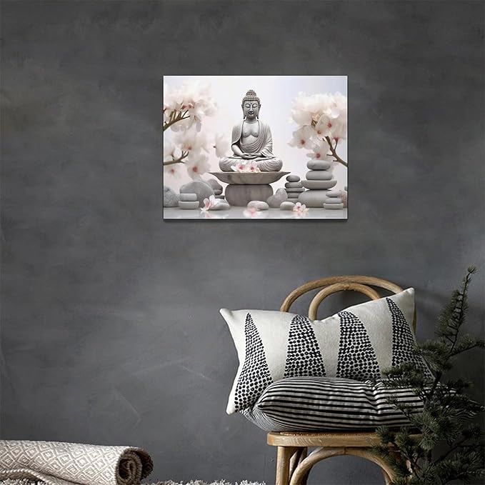 yerretin Buddha Zen Wall Art Buddhist Pictures Wall Decor Blossom Statue Canvas Meditation Painting Modern Artwork Home Decoration for Bathroom Living Room Bedroom Spa Yoga Framed 16"x12"