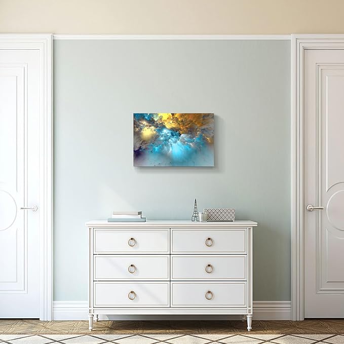 Golden Canvas Wall Art Blue Modern Abstract Painting Prints Colorful Smoke Billowing on White Background Framed Energetic Artwork Pictures for Living Room Bedroom Hallway Wall Decoration 24x16in