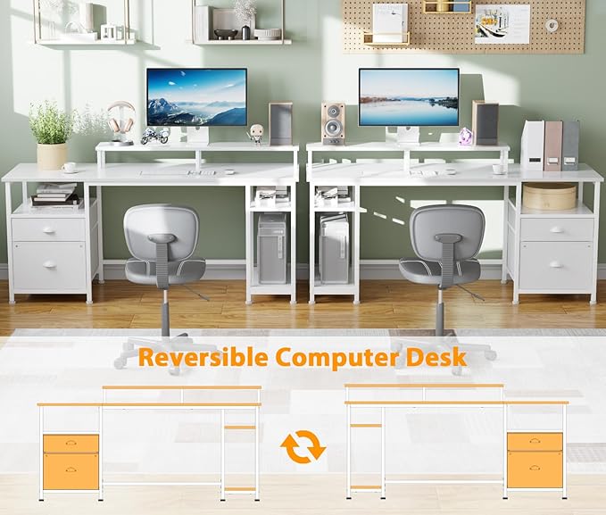 Furologee 61" Computer Desk with Fabric File Cabinet & Drawer, Reversible White Table with Storage Shelf, Office Desk with Long Monitor Stand, Writting Table Workstation, for Home/Office/White
