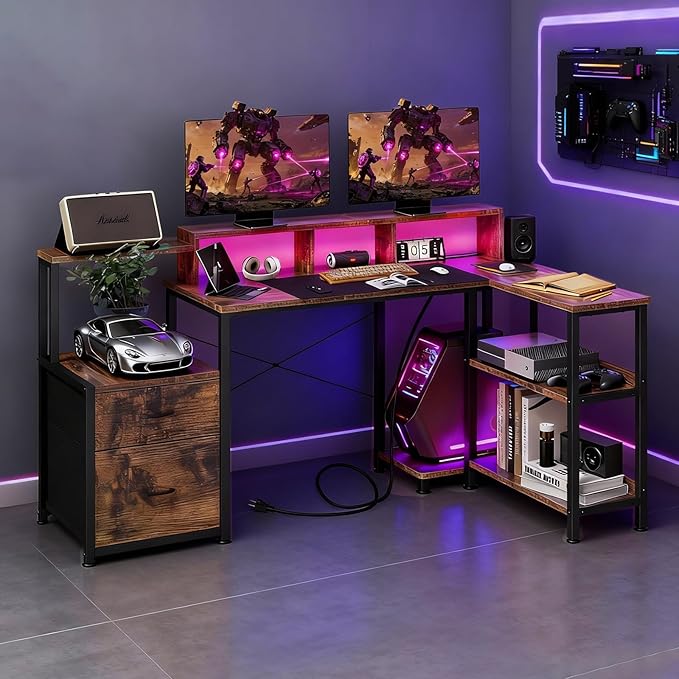 GTPLAYER 73" L Shaped Gaming Desk, Reversible Computer Desk with Power Outlets & LED Lights, Home Office Corner Desk with Storage Shelves, Monitor Stand, and Tower Space, Rustic Brown