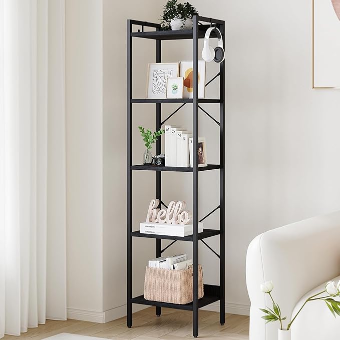 Bookshelf, Book Shelf, Industrial Bookcase with 2 Hooks, Coner Shelf Storage Organizer for Home Office, Living Room, Bedroom, Kitchen, 5-Tier Black BC10504B