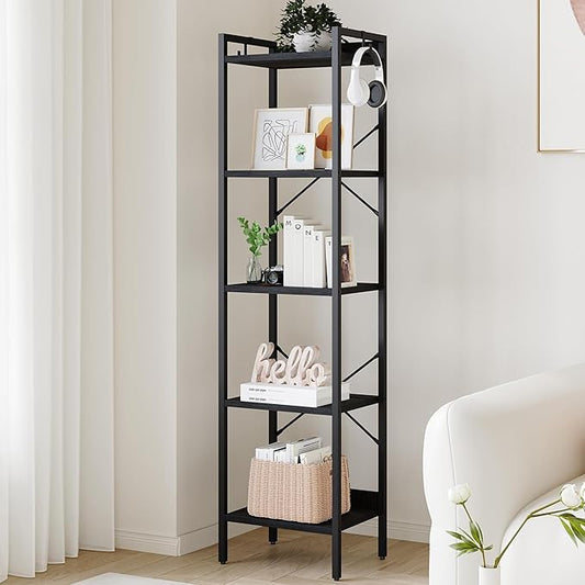 Bookshelf, Book Shelf, Industrial Bookcase with 2 Hooks, Coner Shelf Storage Organizer for Home Office, Living Room, Bedroom, Kitchen, 5-Tier Black BC10504B