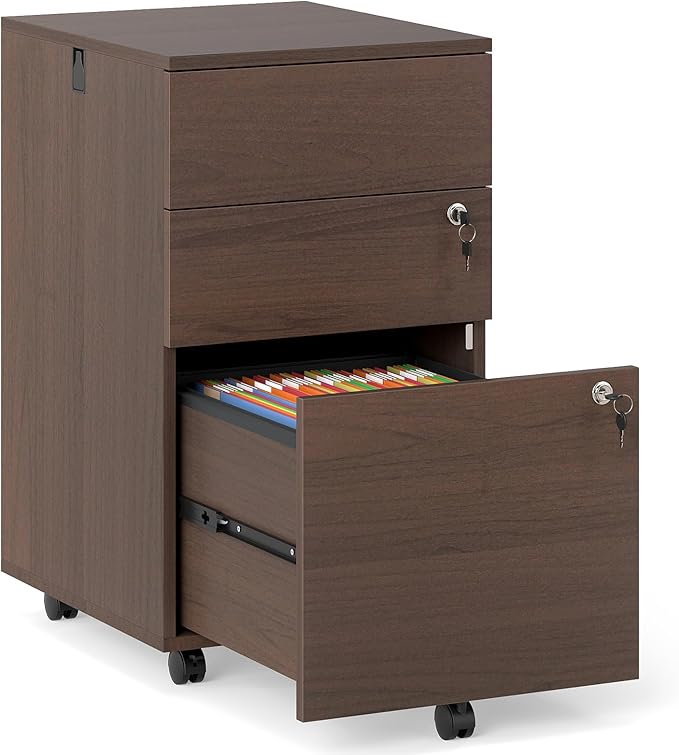 Giantex 3-Drawer File Cabinet with Lock, 27-Inches Storage Cabinet with 2 Side Hooks, Mobile Printer Stand, Wheels, 4 Keys, Vertical Filing Organizer fits Letter/A4 Size for Home Office (Brown)