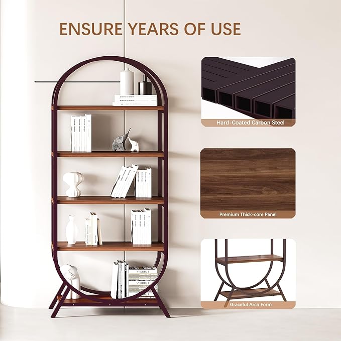 Bookshelf Arched Bookcase, 5 Tier Open Freestanding Display Shelf for Home Office, Living Room, Walnut