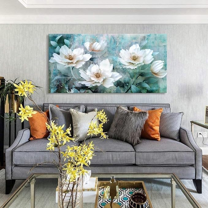 Abstract roses wall art for living room grey green painting 24"x48"watercolor paintings flowers floribunda framed canvas prints decor home bedroom decor office