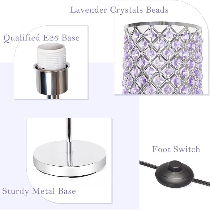 Floor Lamp for Bedroom, Lavender Crystal Floor Lamp with Glam Shade, Elegant Standing Lamp with On/Off Foot Switch & Silver Base, Corner Pole Lamp for Girls Bedroom, Living Room, Office (E26 Base)
