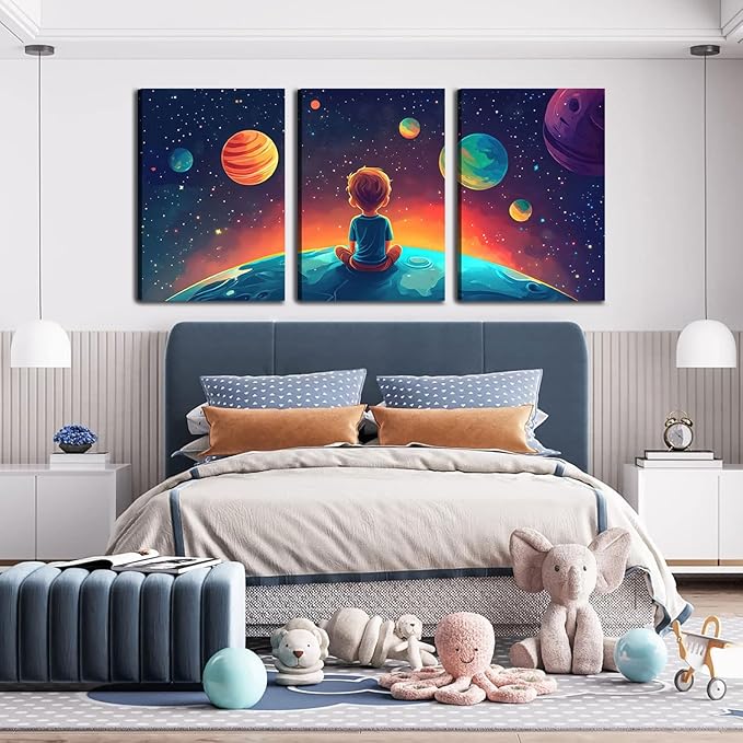3Pcs Space Boy Canvas Wall Art Cute Inspirational Space Fantasy Wall decor pictures with Planet Pattern poster Prints Painting for Child’s Bedroom and Home Decoration Ready To Hang 16x24in canvas