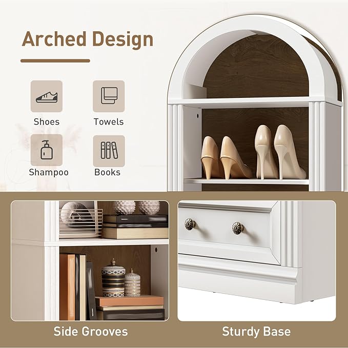 Tall Narrow Bookshelf Set of 2, Arched Bookshelf with 2 Drawers, 7-Tier Farmhouse Arch Bookcase, Wooden Book Shelf with Open Display Shelves for Office, Living Room, Walnut and White