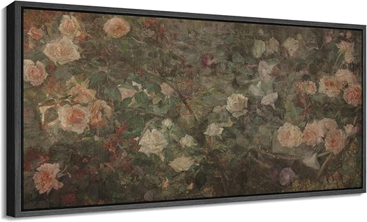 SIGNFORD Extra Large Framed Canvas Vintage White Rose Garden Print Classic Floral Illustrations Modern Art Calm Warm for Living Room, Bedroom, Office - 60"x30"