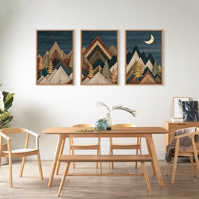 HPINUB Mountain Woodcut Style Framed Canvas Wall Art Set,Vintage Pine Tree Wall Decor, Nature Country Wilderness Forest Artwork,Modern Navy Blue Art Prints for Living Room,Bedroom,Farmhouse-16 x24 x3