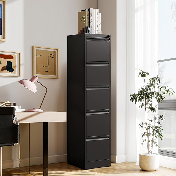 5 Drawer File Cabinet with Lock, Metal Filing Cabinet for Home Office, Vertical File Cabinet for Letter/Legal/A4/F4 Documents, Easy to Assemble Steel Storage Cabinet