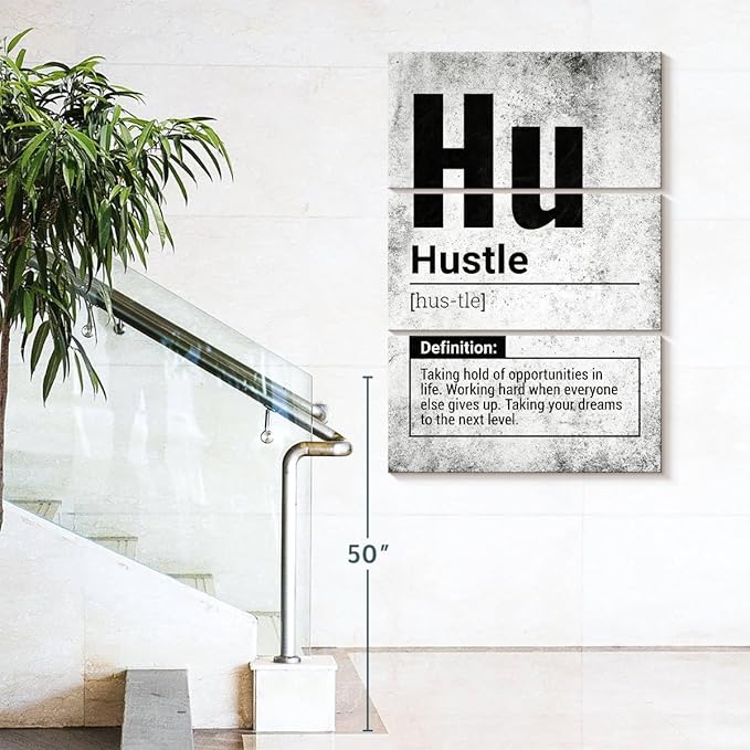 Elephant Stock - Hustle Definition Grunge Wall Art - Vertical Multi Panel Canvas - 3 Piece Living Room Wall Decor - Digital Art Inspirational And Typography Multi Piece Wall Art - Black And Gray Decor - 42" x 65"