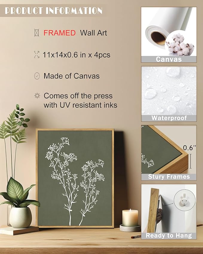 Drsoum Botanical Wall Art Framed Boho Wall Art Decor Wooded Vintage Print Modern Farmhouse Home Kitchen Decor 11x14inx4pcs